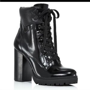 AQUA Black Leather Laker Stacked Heel Moto Hiker Combat Boots NIB Size …